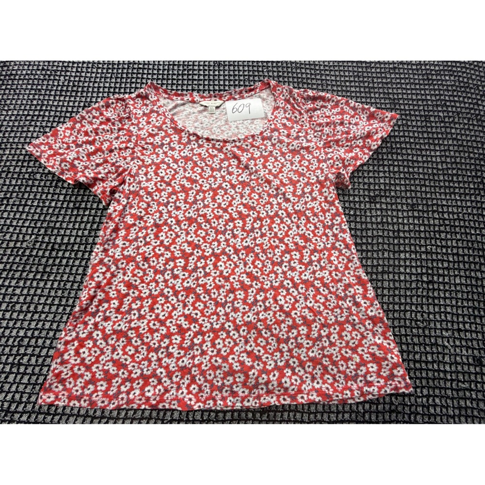 Lucky Brand Floral Top Womens M Red Flutter Sleeve Daisy Scoop Neck